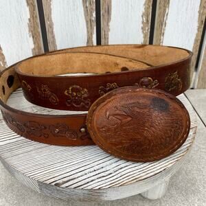 Vintage Leather Belt Embossed Motorcycle & Skulls W/ Eagle Buckle Brown 50”